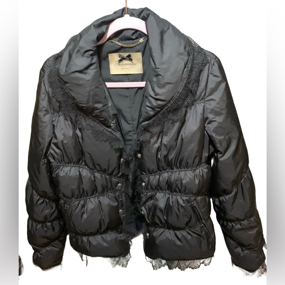 Vintage 2000s Blumarine Black Lace Trim Down Puffer Jacket
